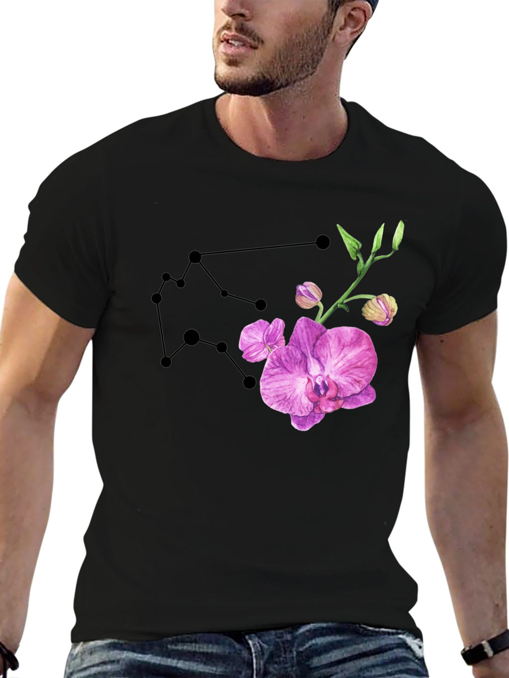 Aquarius Constellation & Orchid Black T-Shirt