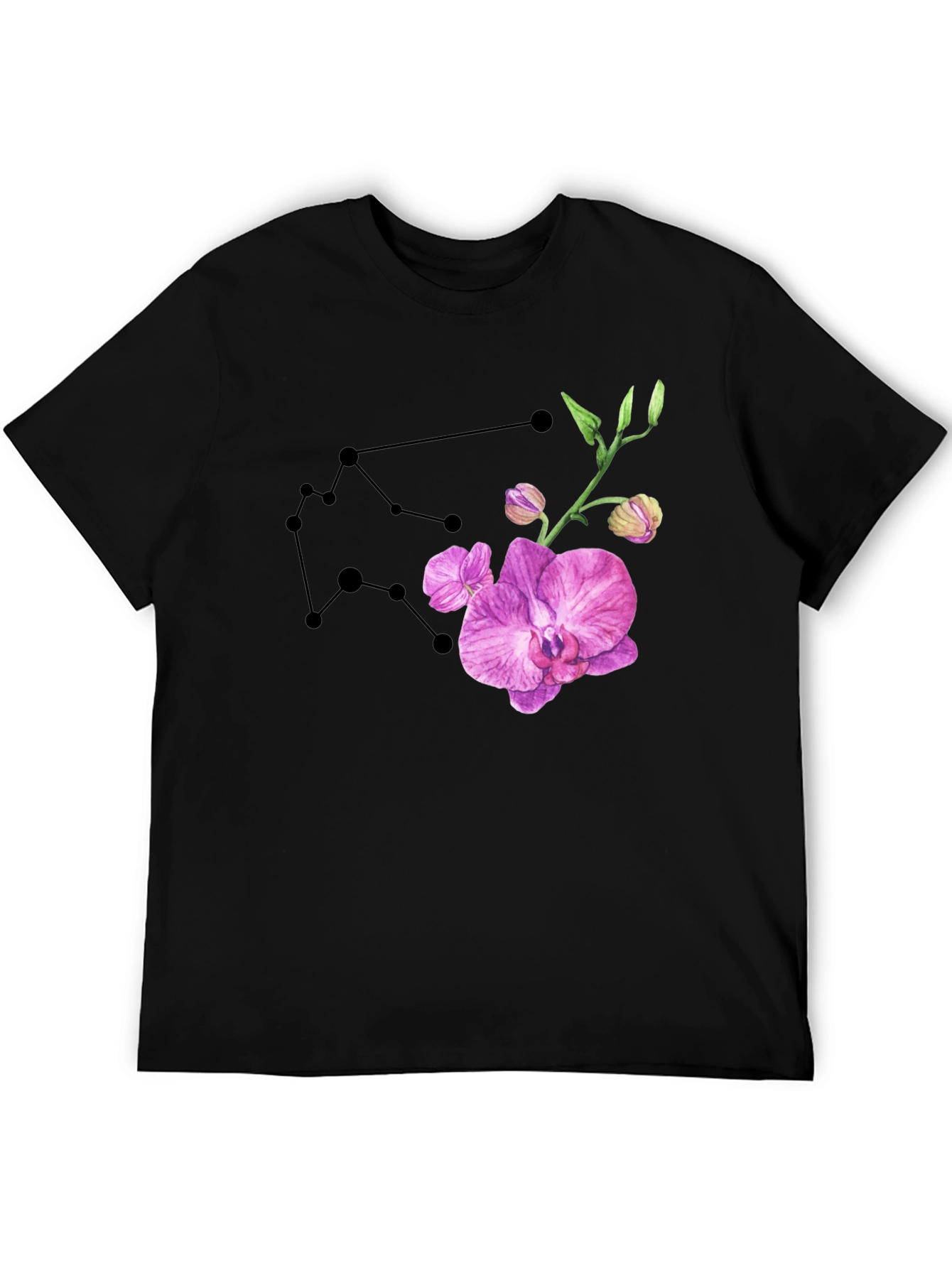 Aquarius Constellation & Orchid Black T-Shirt