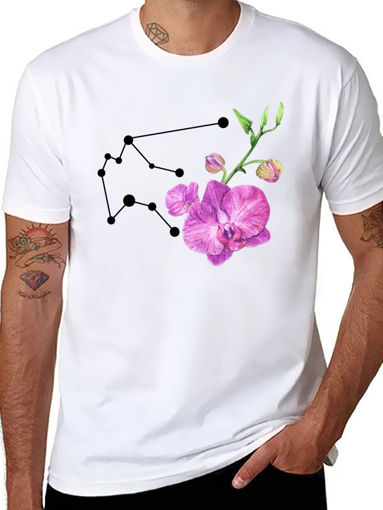 Aquarius Constellation & Orchid Black T-Shirt