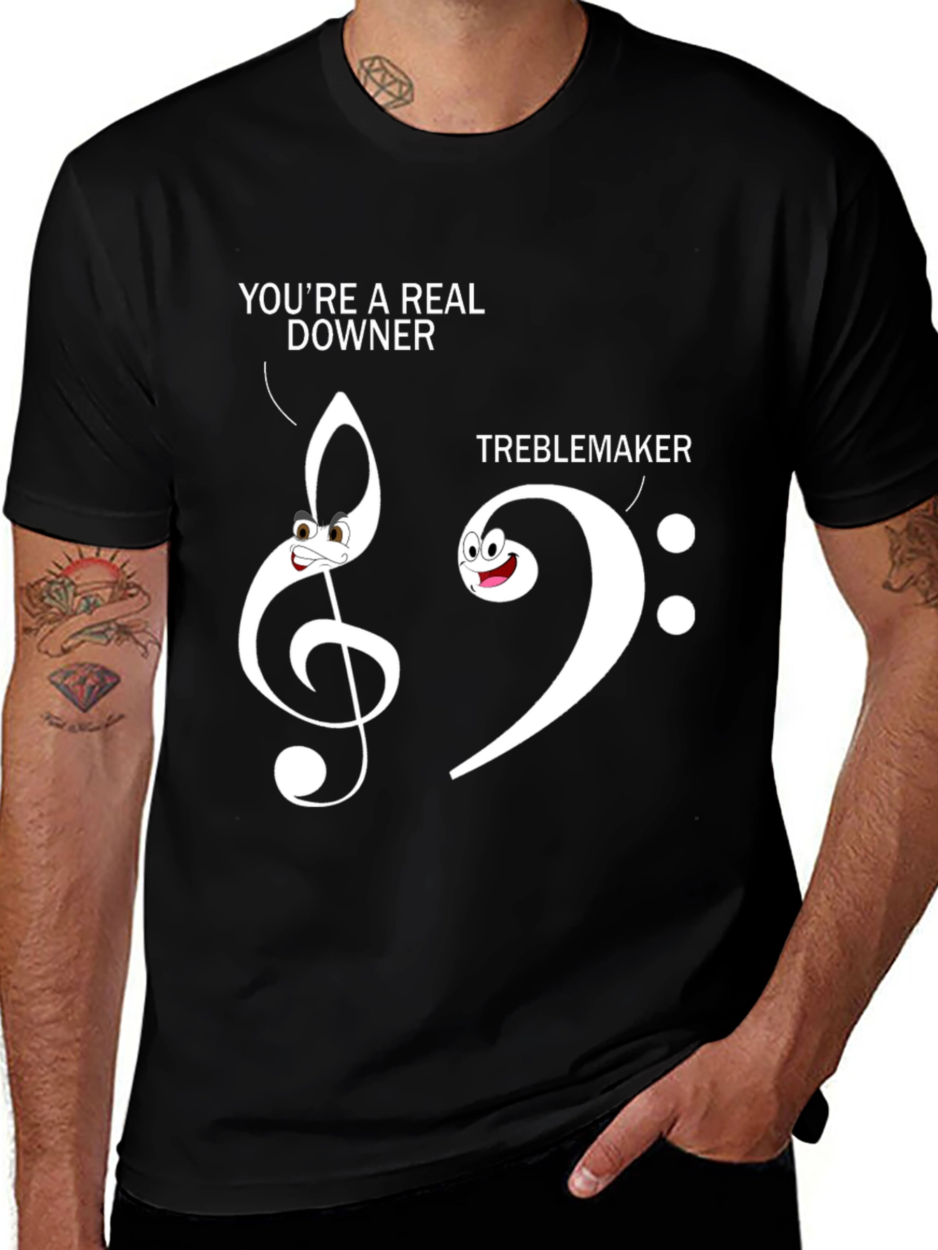 Funny Music Pun T-Shirt - Treble Clef Bass Clef Downer Tee