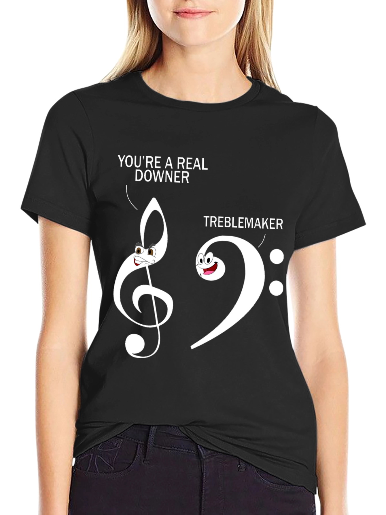 Funny Music Pun T-Shirt - Treble Clef Bass Clef Downer Tee