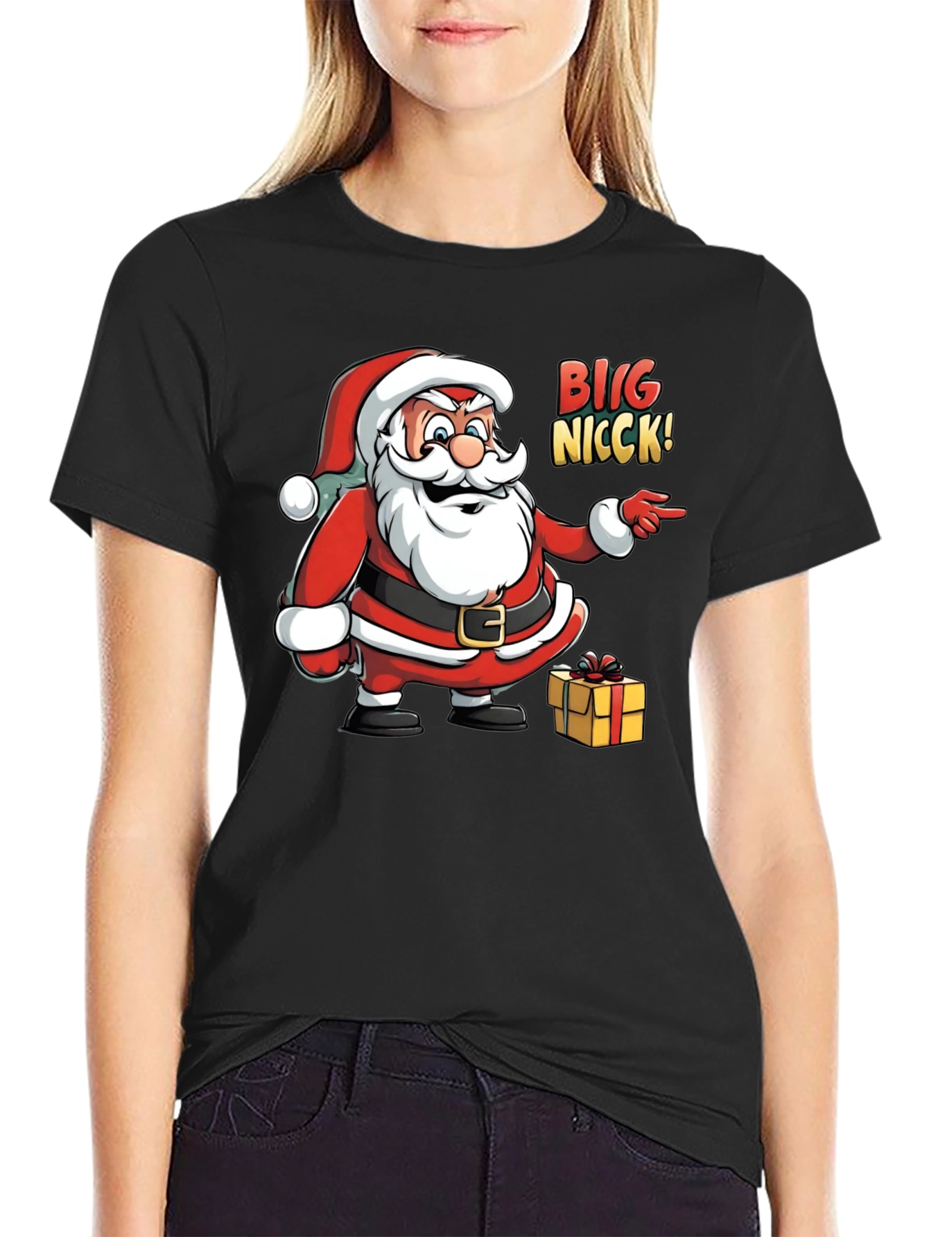 Big Nicck Santa Claus Christmas Black T-Shirt