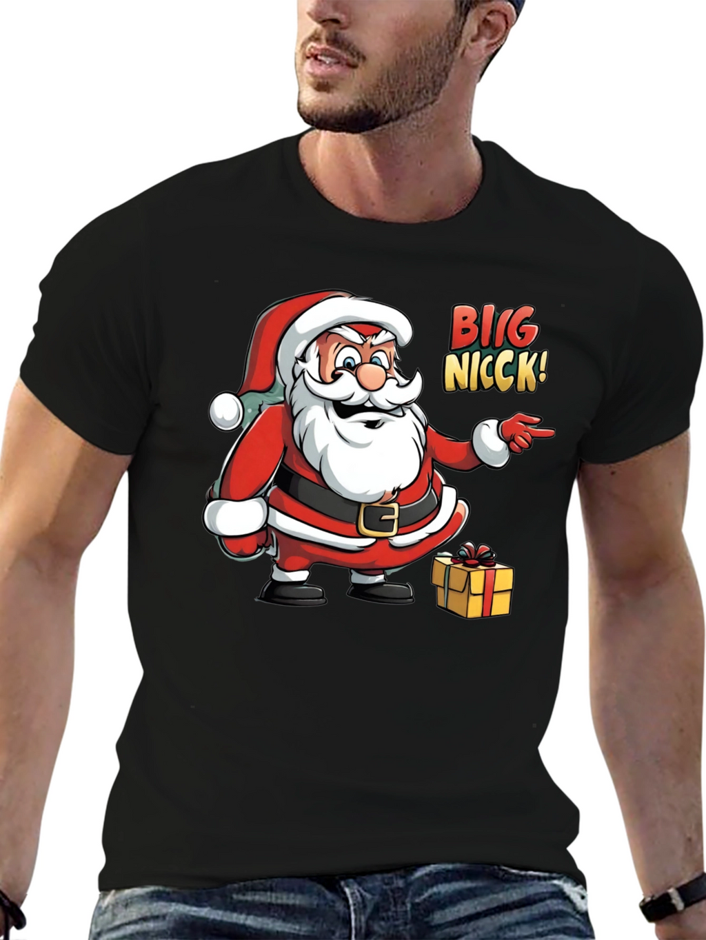 Big Nicck Santa Claus Christmas Black T-Shirt