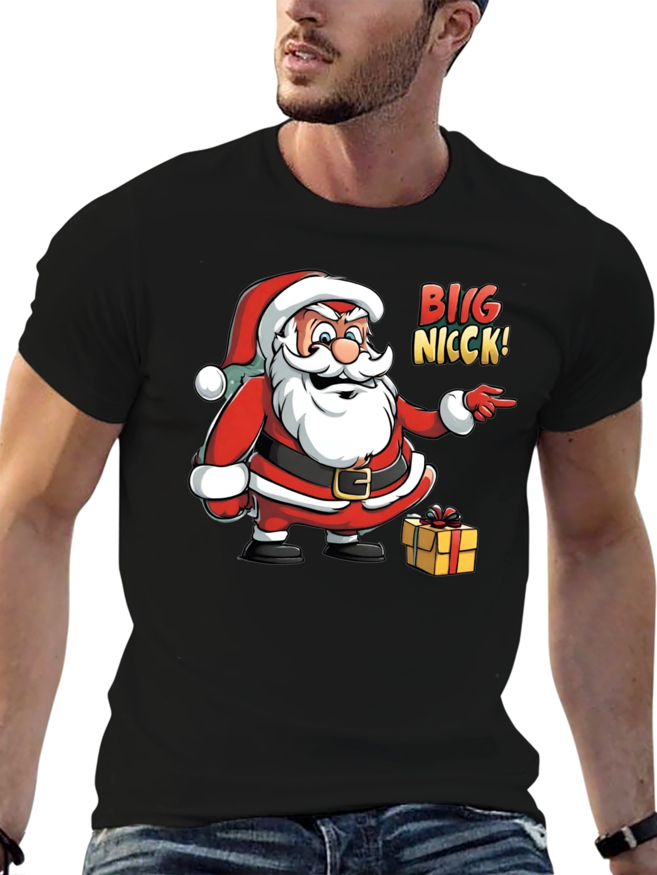 Big Nicck Santa Claus Christmas Black T-Shirt