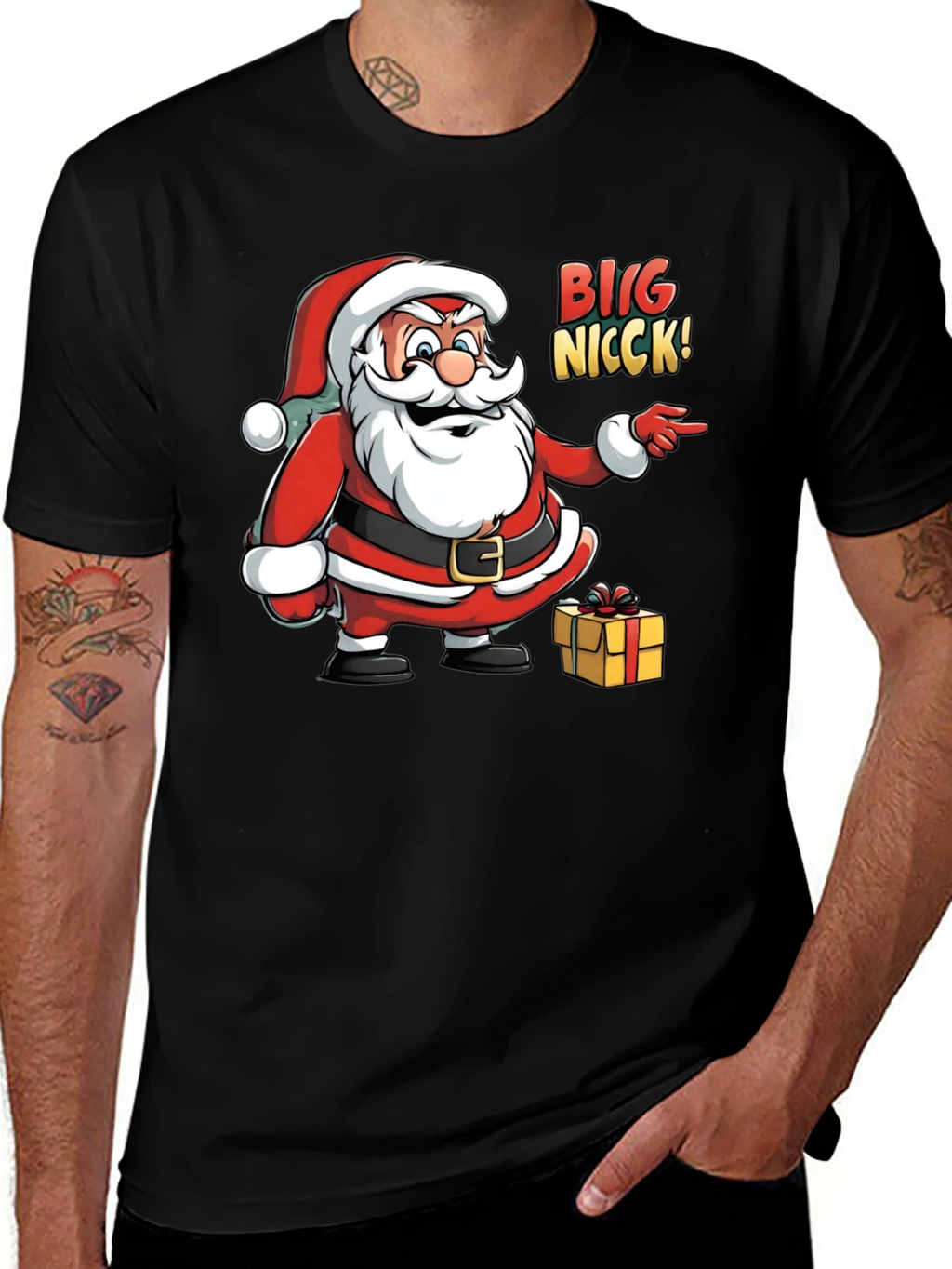 Big Nicck Santa Claus Christmas Black T-Shirt