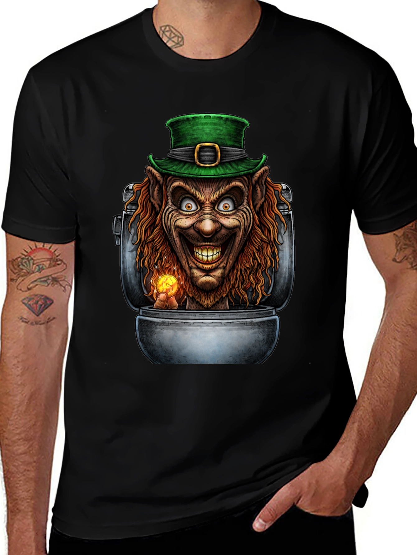 Creepy Leprechaun in Pot of Gold Graphic T-Shirt
