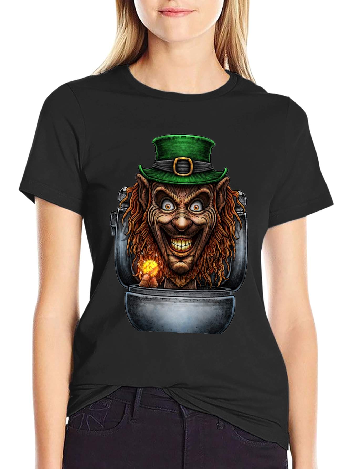 Creepy Leprechaun in Pot of Gold Graphic T-Shirt