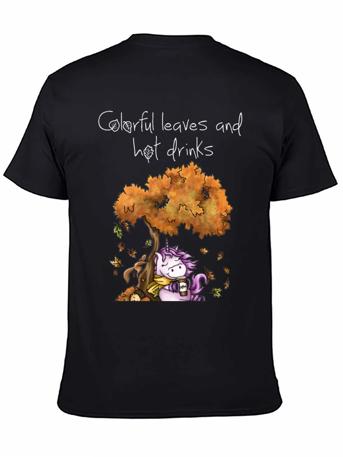 Autumn Unicorn T-Shirt: Colorful Leaves and Hot Drinks