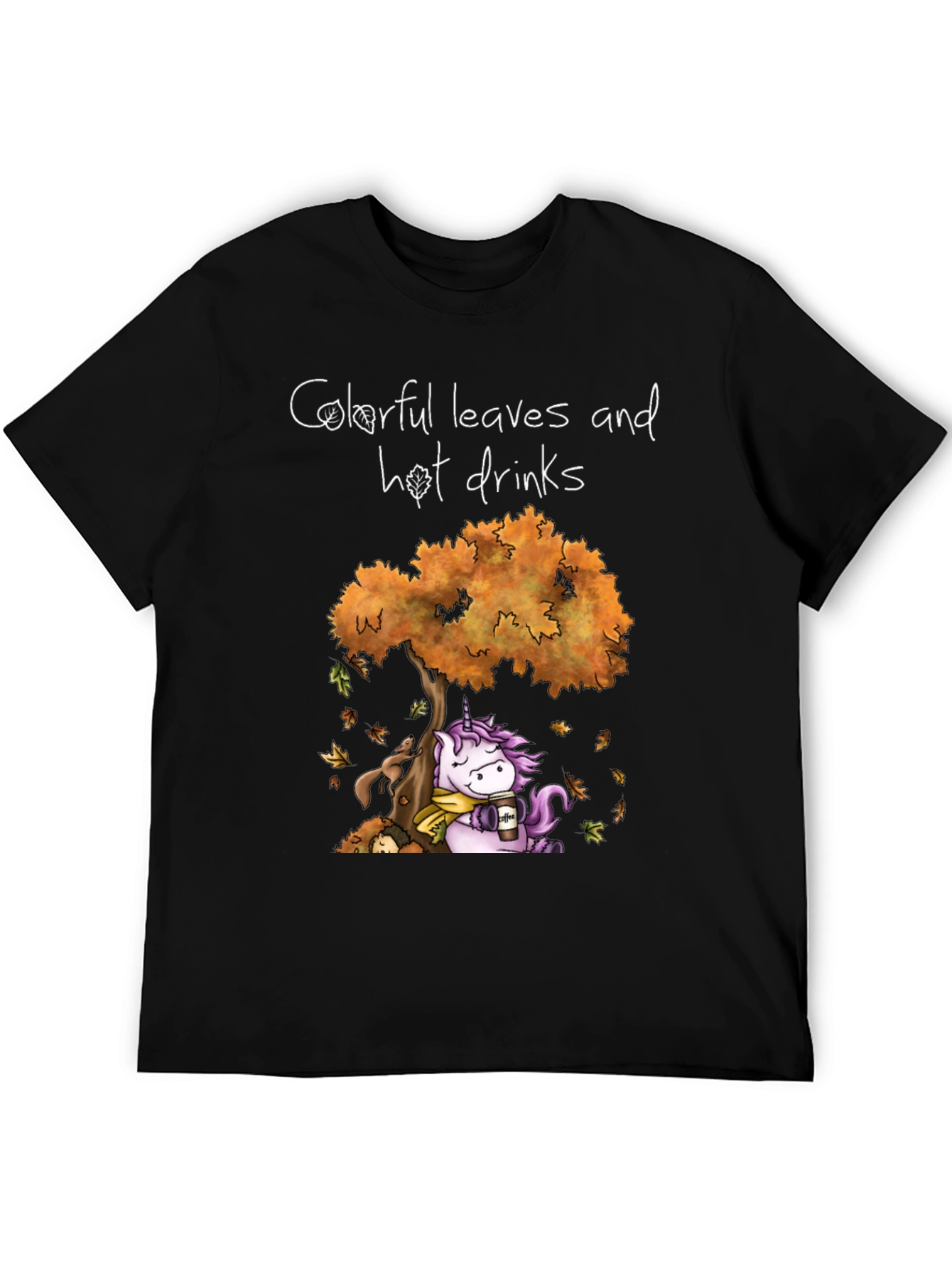 Autumn Unicorn T-Shirt: Colorful Leaves and Hot Drinks