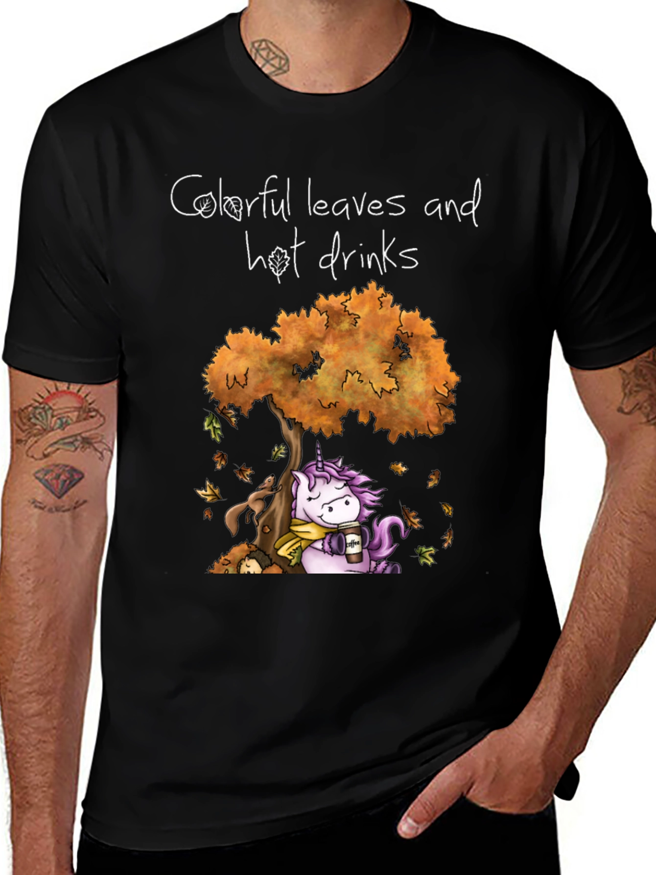 Autumn Unicorn T-Shirt: Colorful Leaves and Hot Drinks