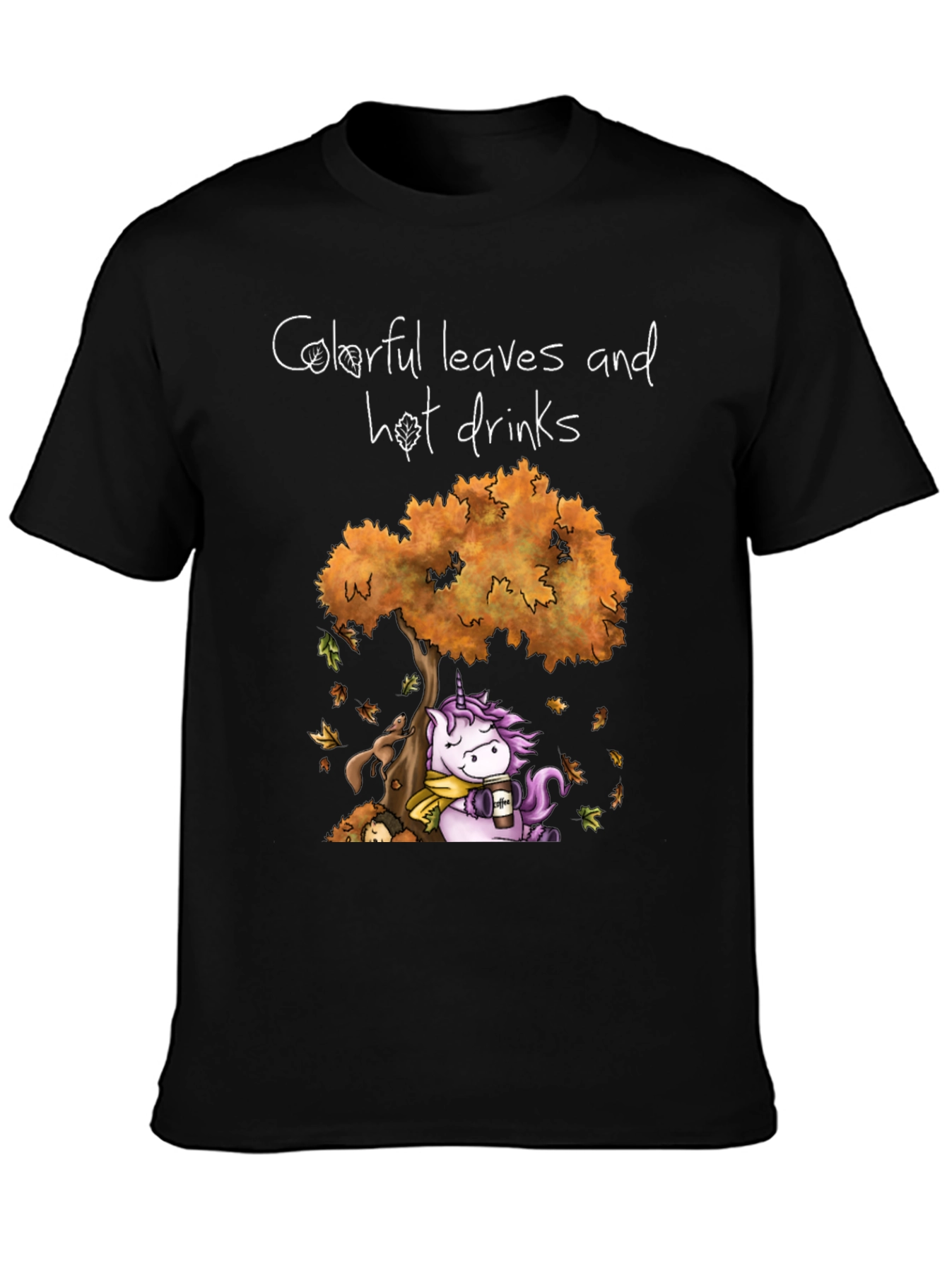Autumn Unicorn T-Shirt: Colorful Leaves and Hot Drinks