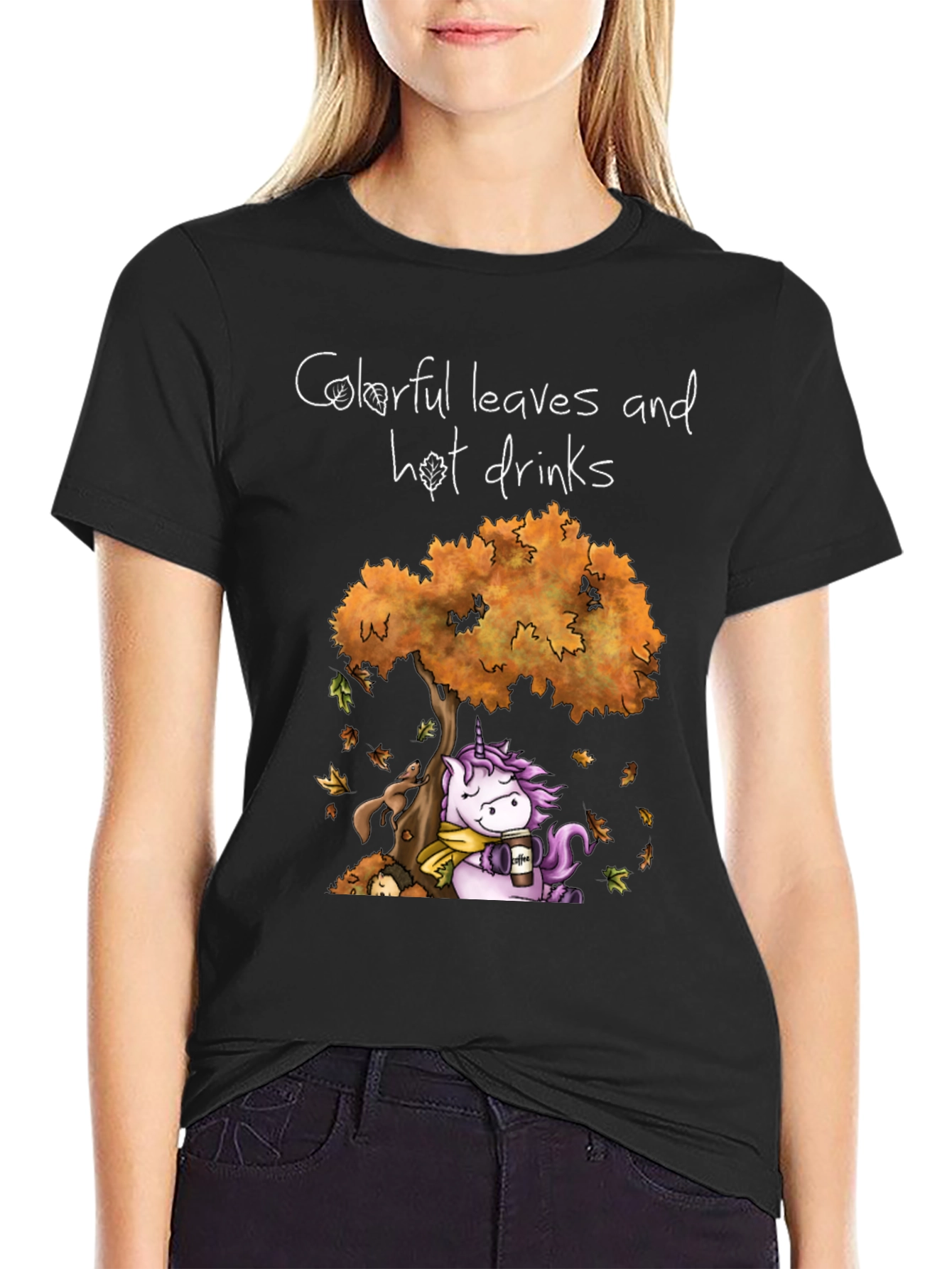 Autumn Unicorn T-Shirt: Colorful Leaves and Hot Drinks