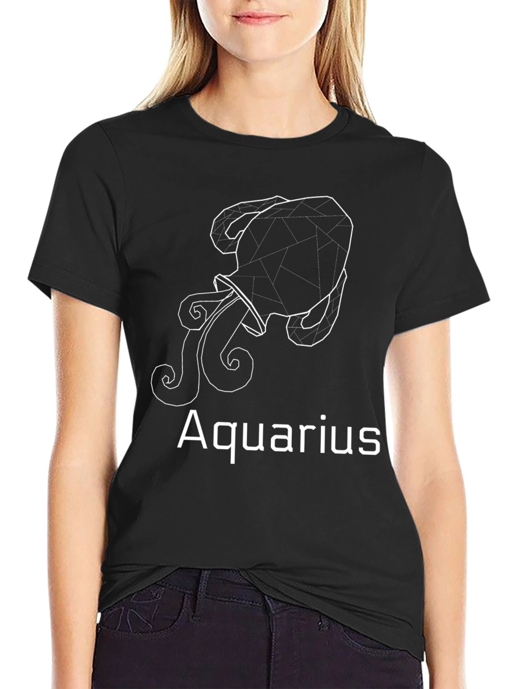 Aquarius Zodiac Black T-Shirt - Geometric Design
