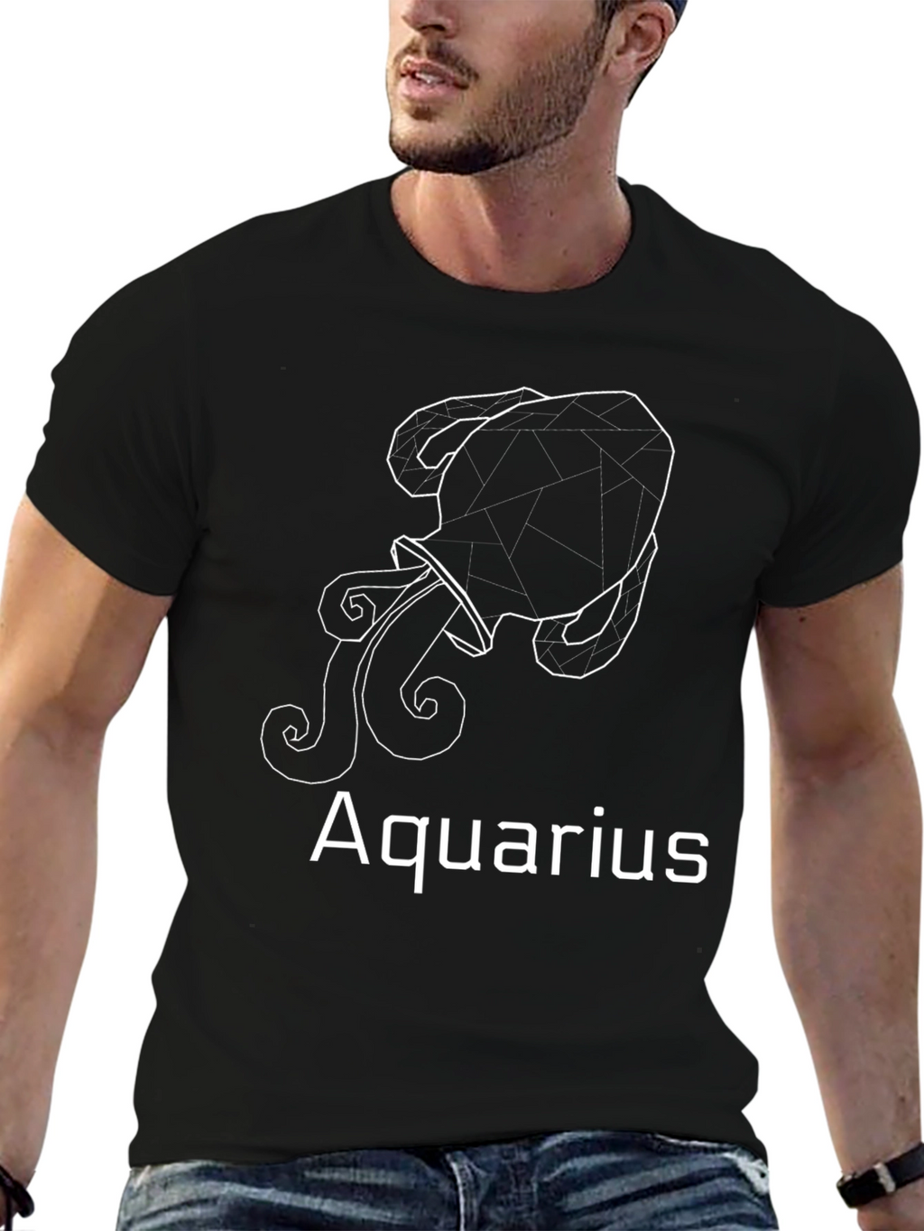 Aquarius Zodiac Black T-Shirt - Geometric Design