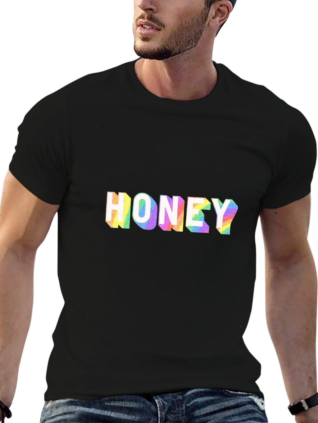 Honey Rainbow Print Black T-Shirt