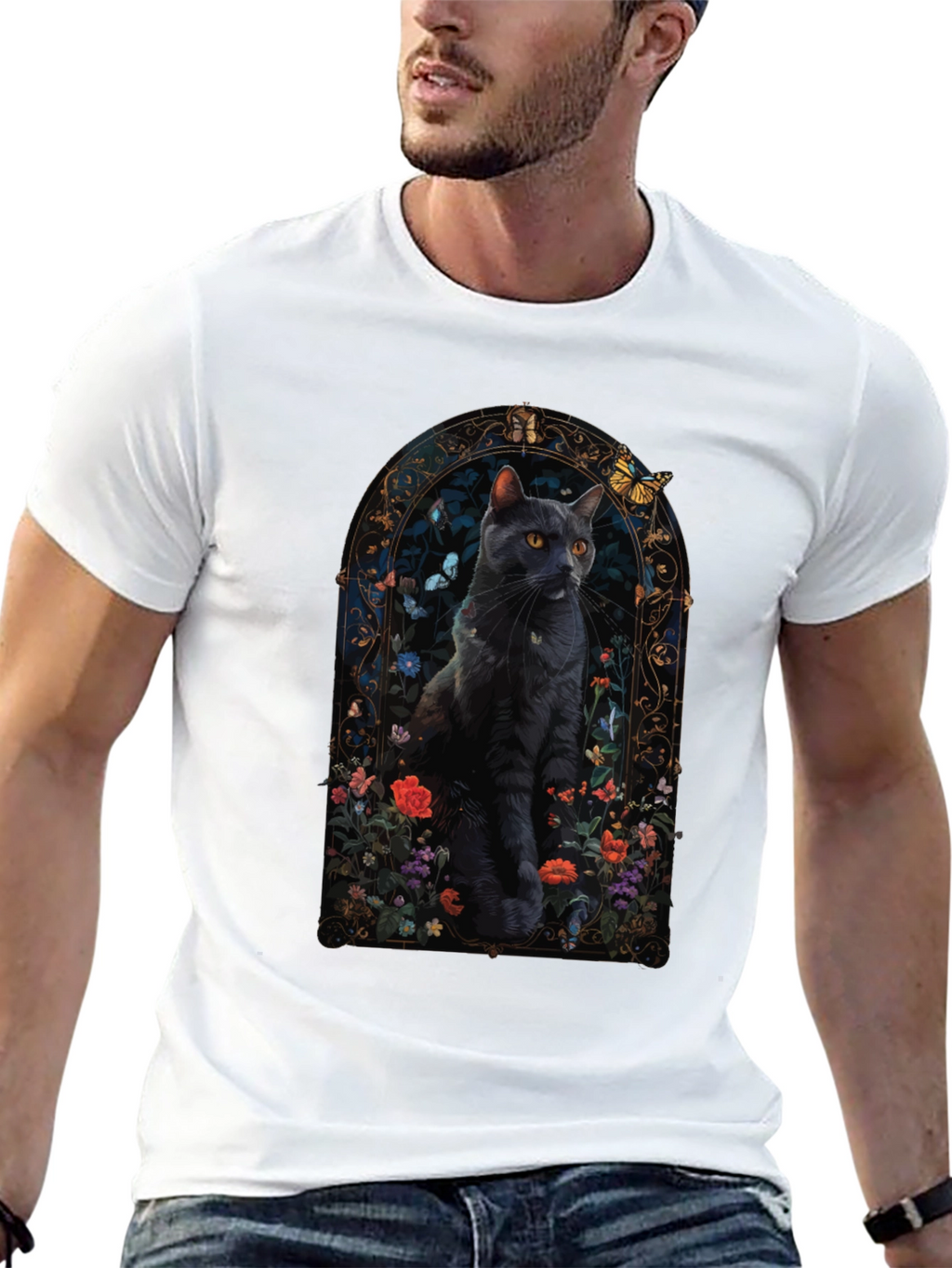 Black Cat Floral Window T-Shirt