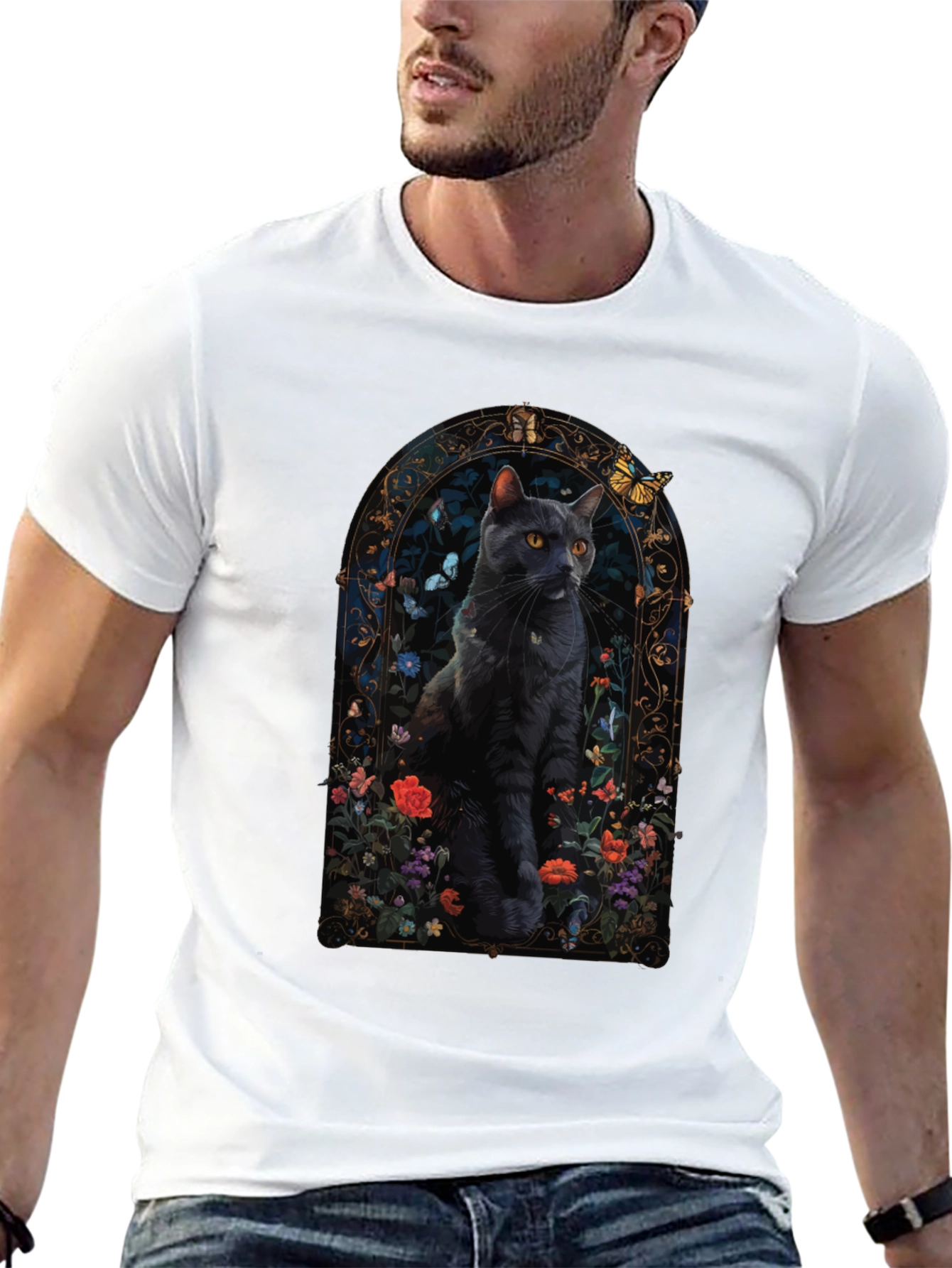 Black Cat Floral Window T-Shirt