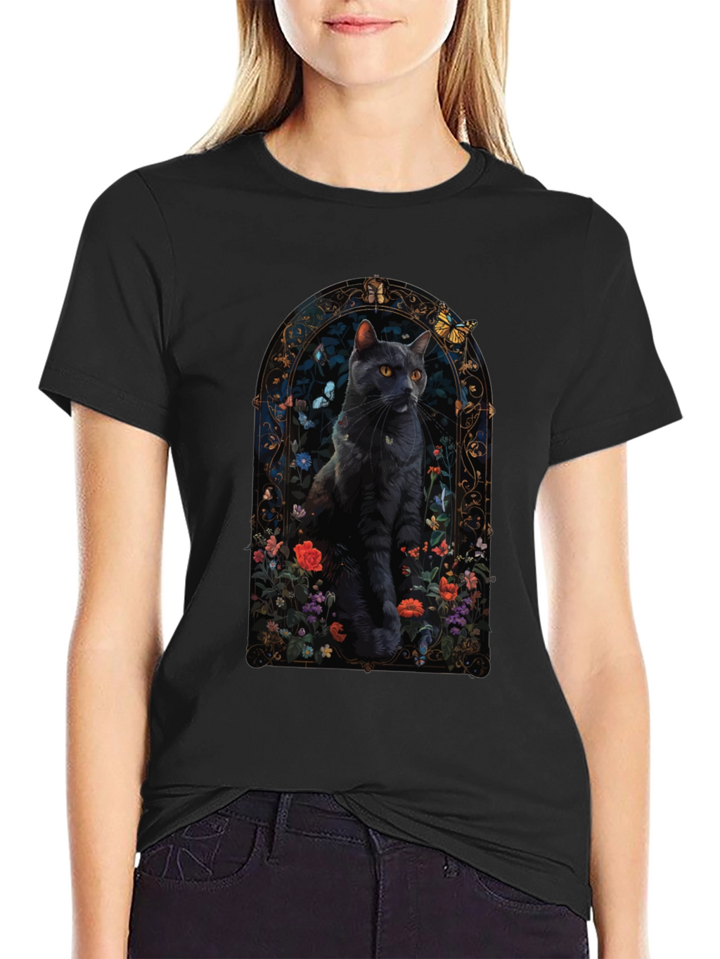 Black Cat Floral Window T-Shirt