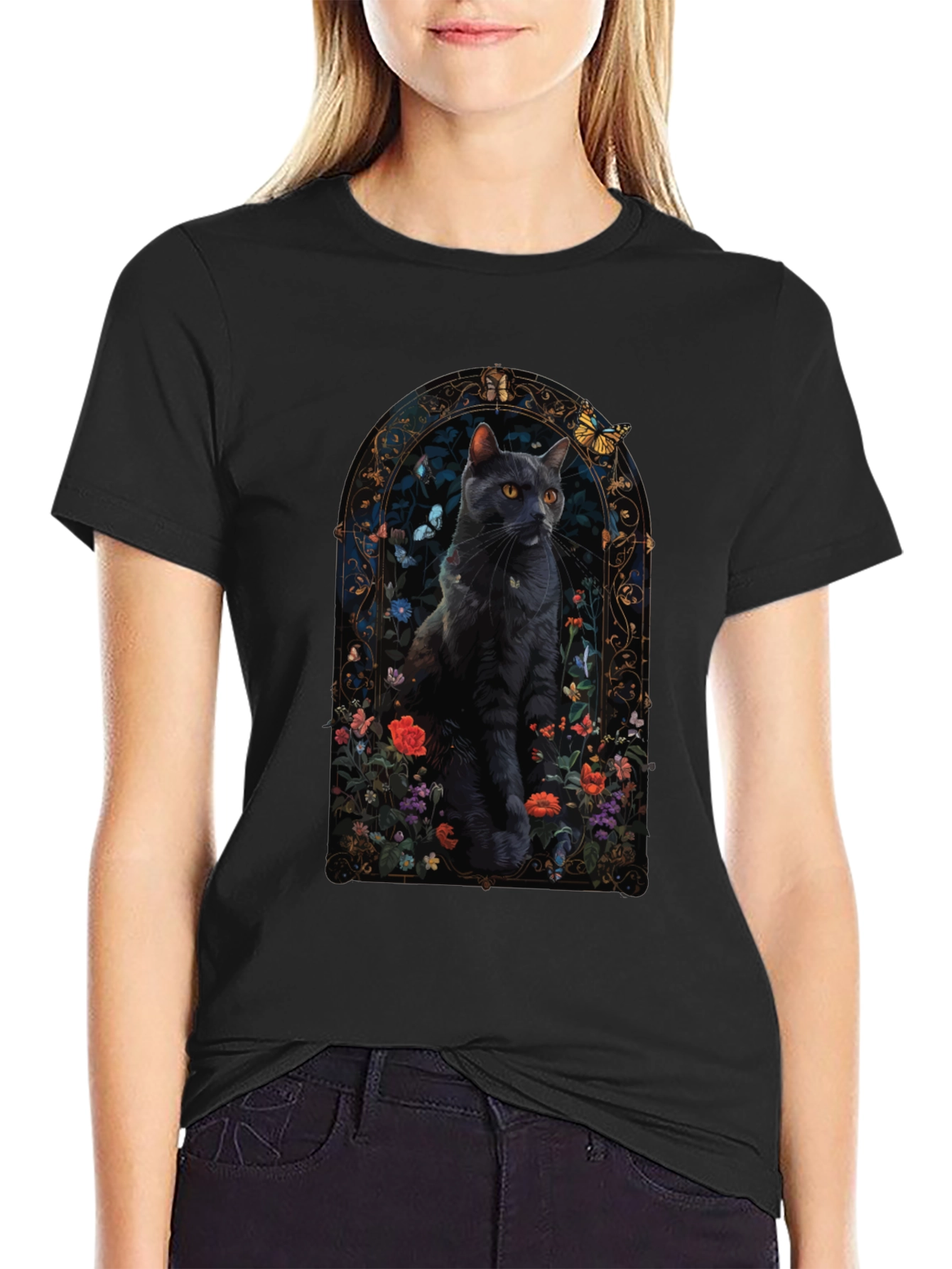 Black Cat Floral Window T-Shirt