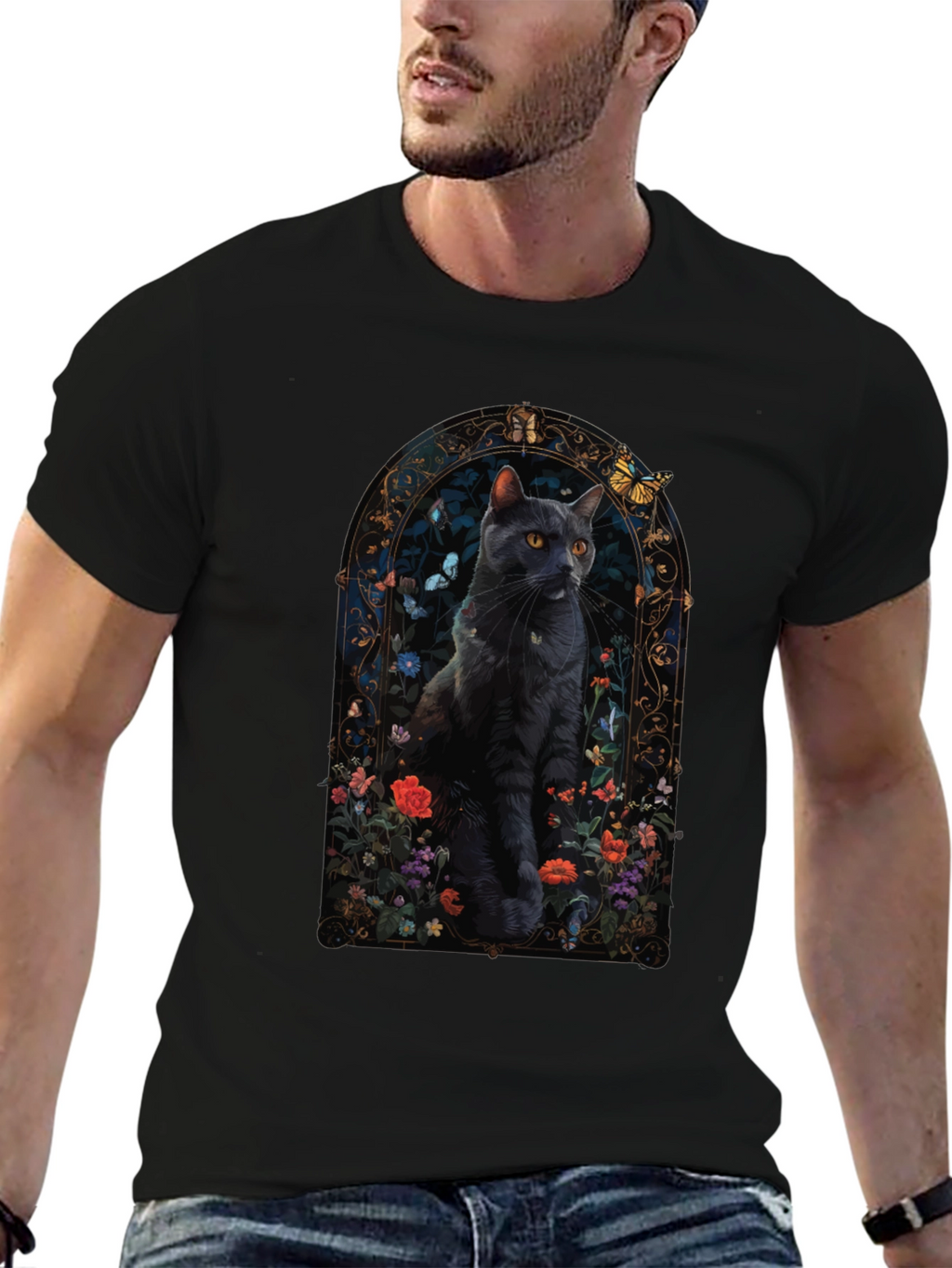 Black Cat Floral Window T-Shirt