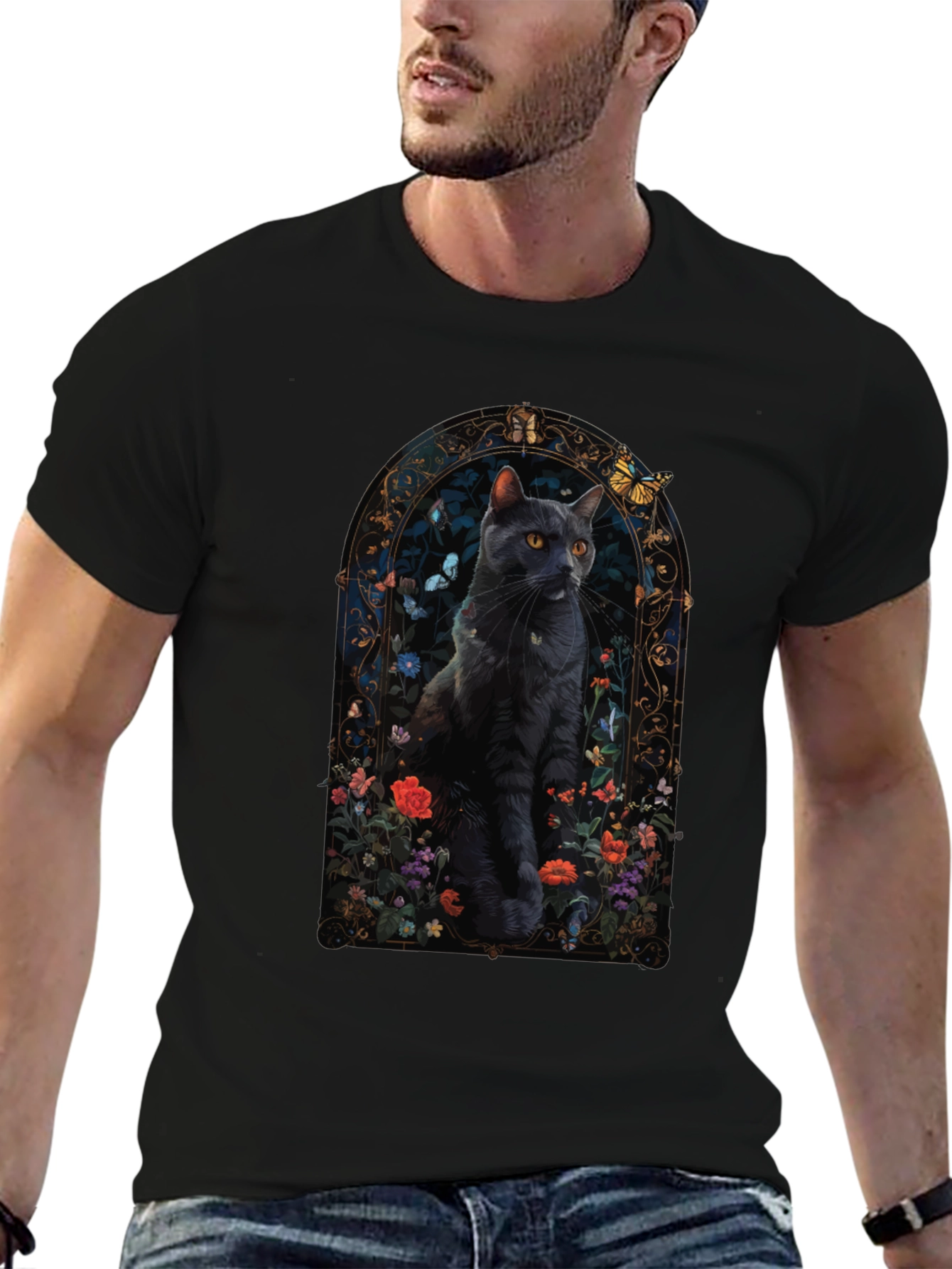 Black Cat Floral Window T-Shirt