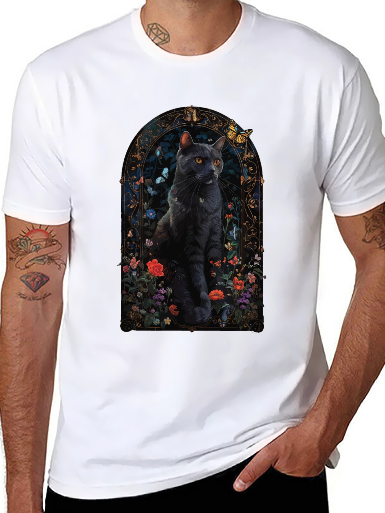 Black Cat Floral Window T-Shirt