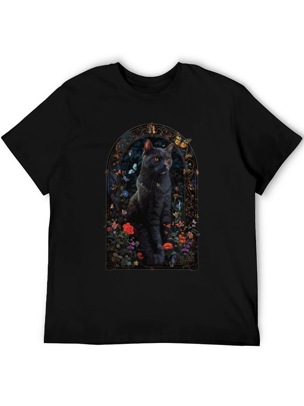 Black Cat Floral Window T-Shirt