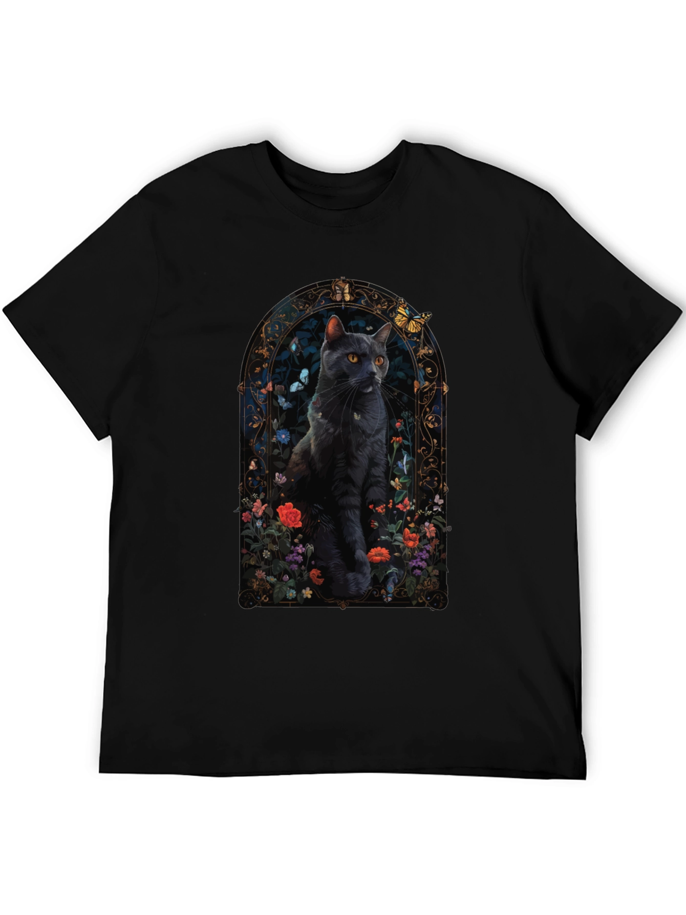 Black Cat Floral Window T-Shirt