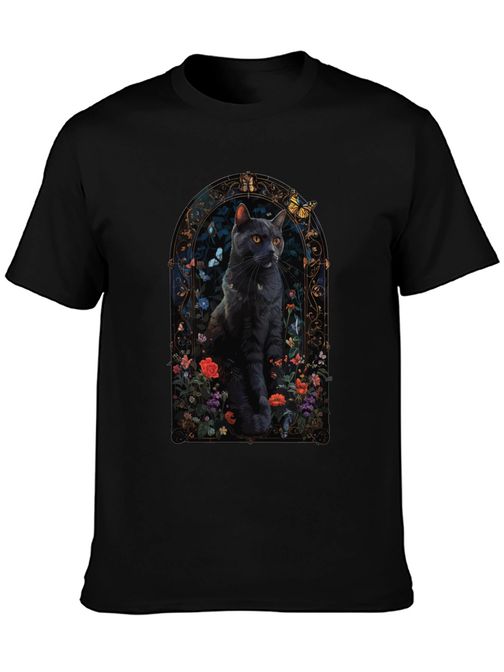 Black Cat Floral Window T-Shirt