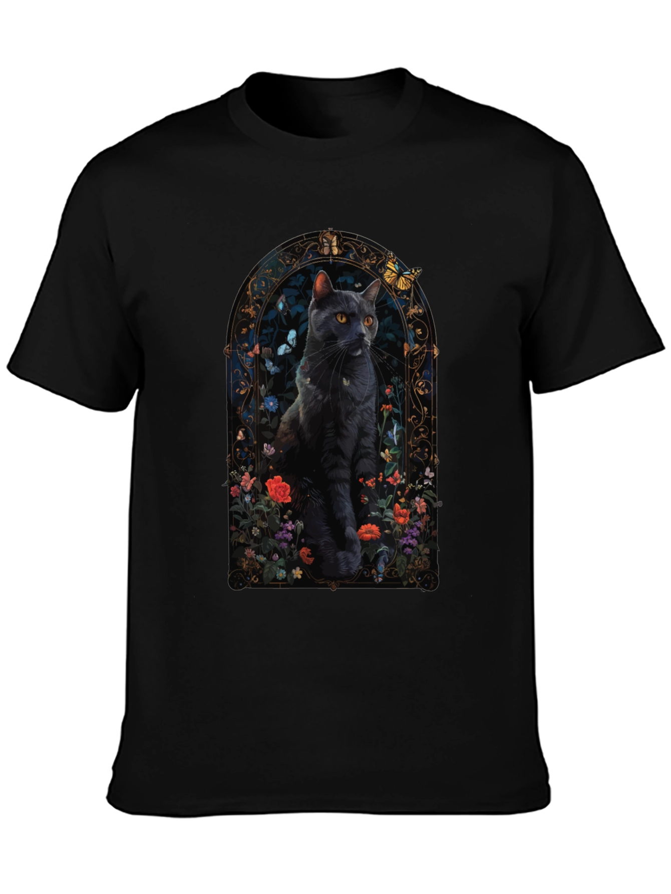 Black Cat Floral Window T-Shirt