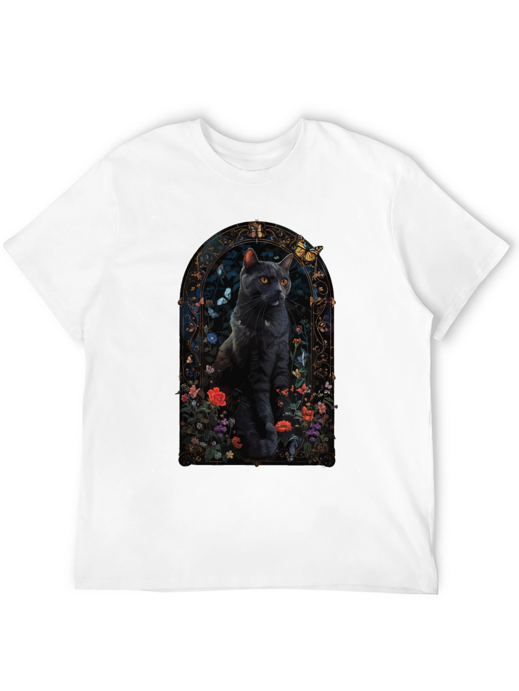 Black Cat Floral Window T-Shirt