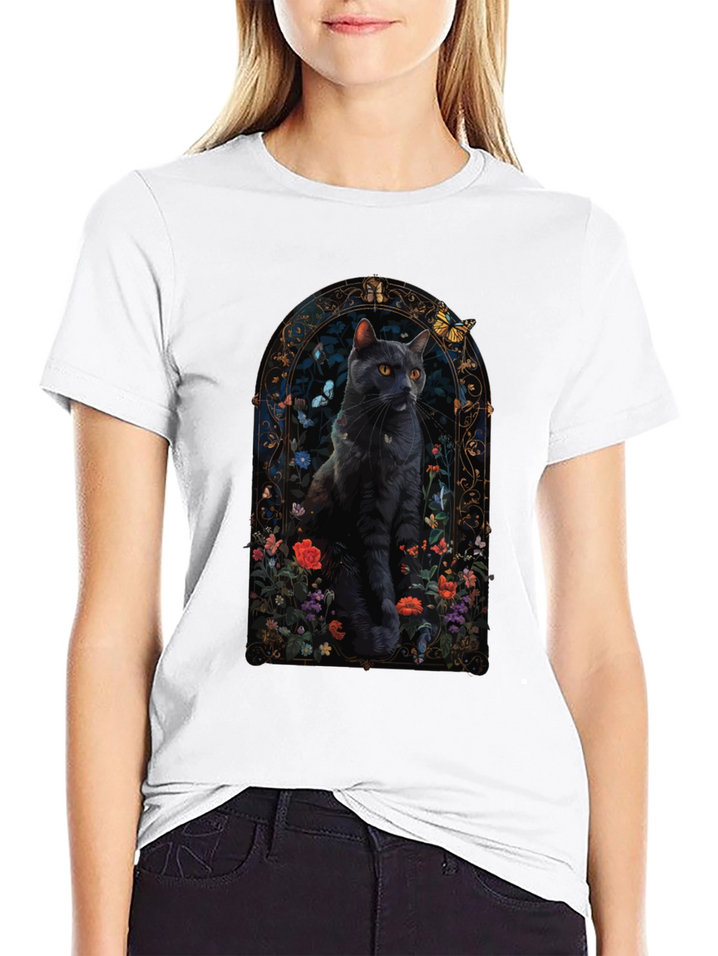 Black Cat Floral Window T-Shirt