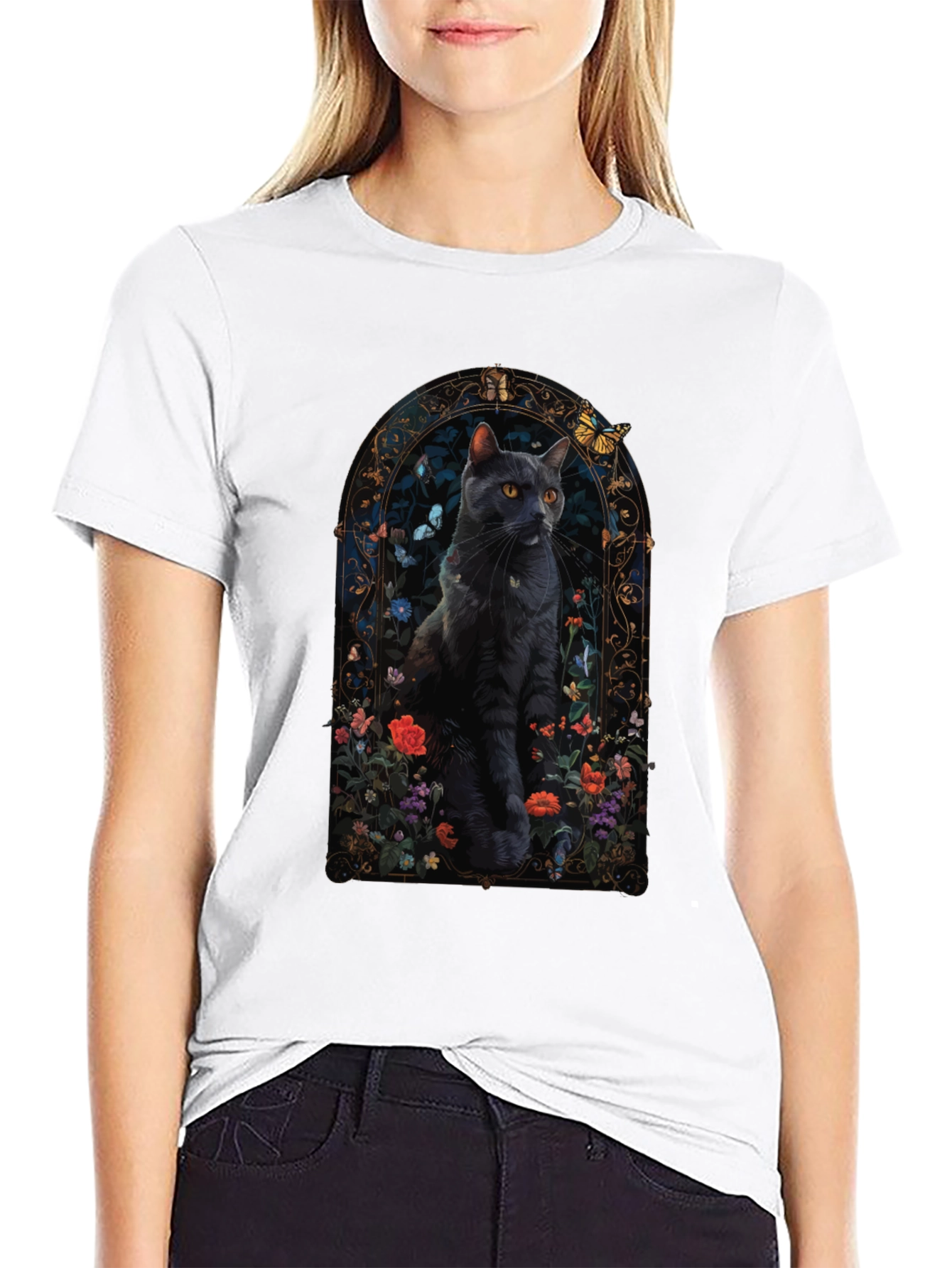 Black Cat Floral Window T-Shirt