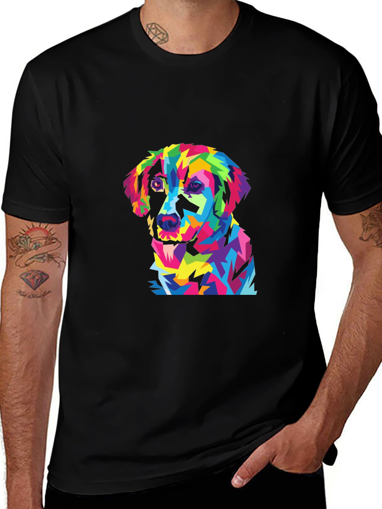 Colorful Dog Graphic Black T-Shirt