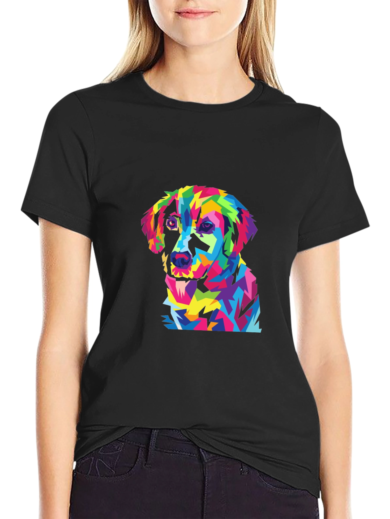 Colorful Dog Graphic Black T-Shirt