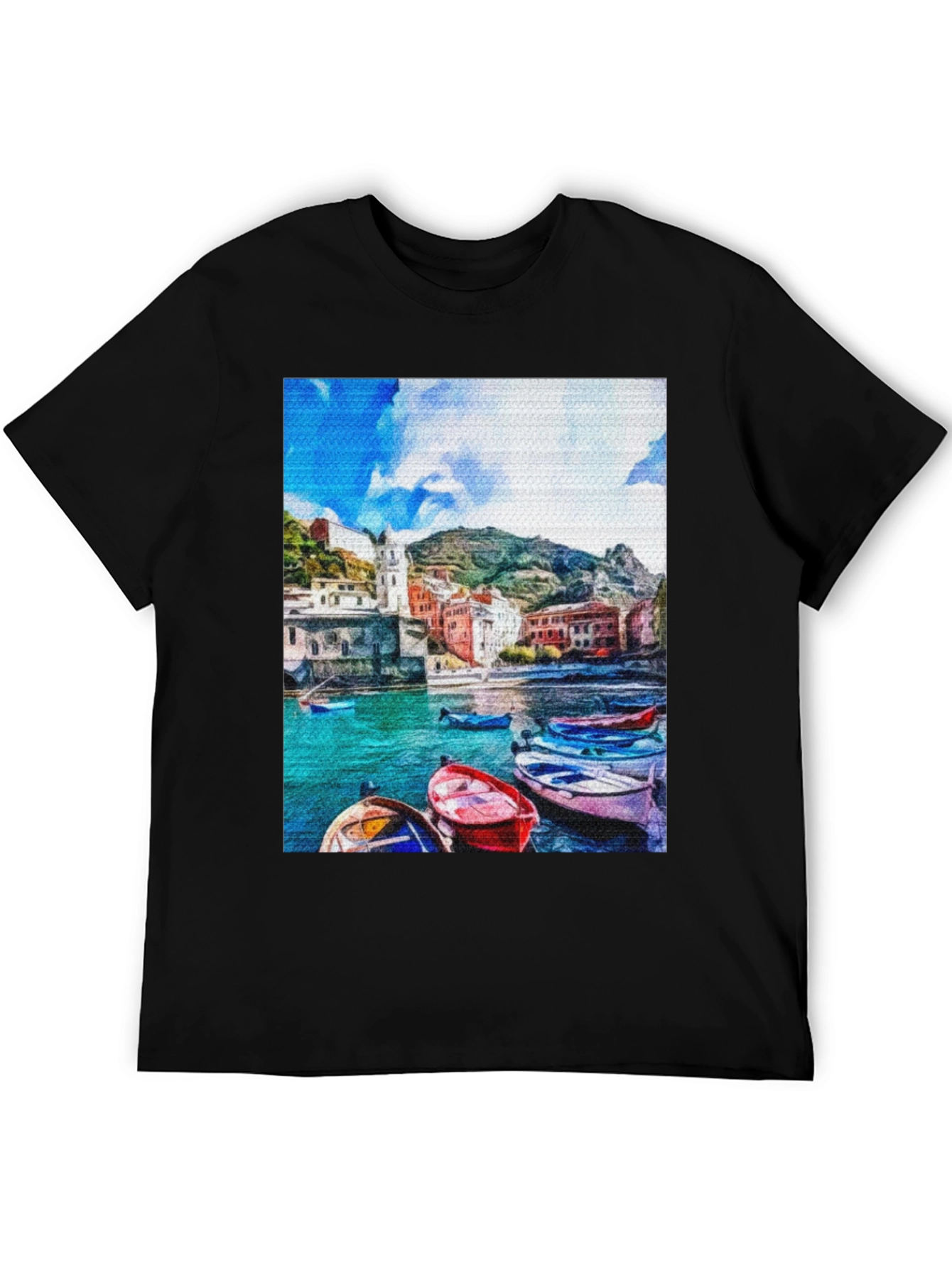 Coastal Village Boat T-Shirt - Vibrant Graphic Tee