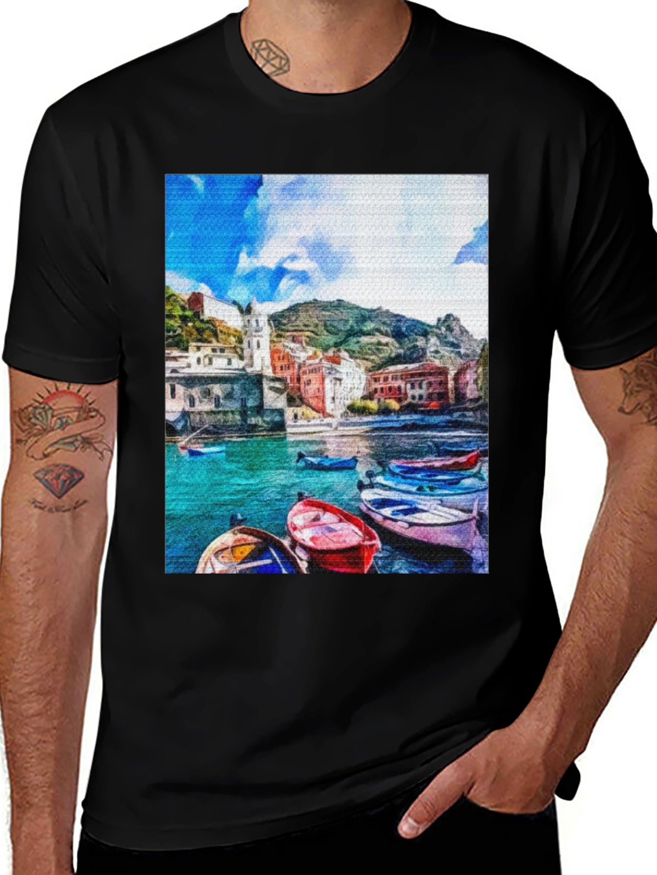 Coastal Village Boat T-Shirt - Vibrant Graphic Tee