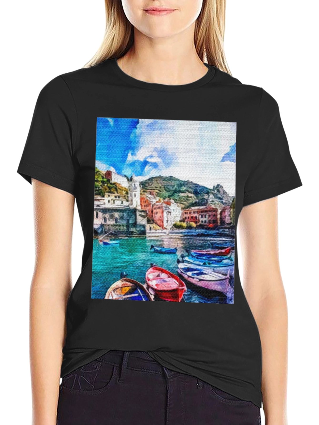 Coastal Village Boat T-Shirt - Vibrant Graphic Tee