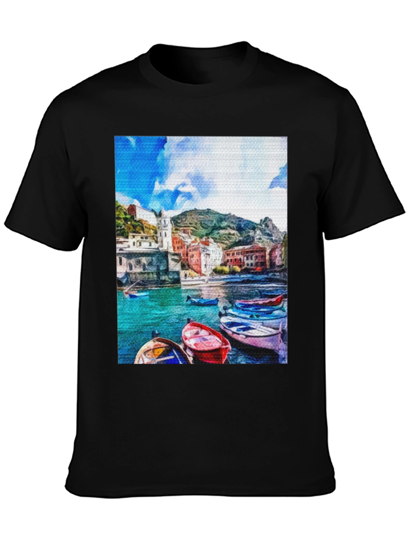 Coastal Village Boat T-Shirt - Vibrant Graphic Tee