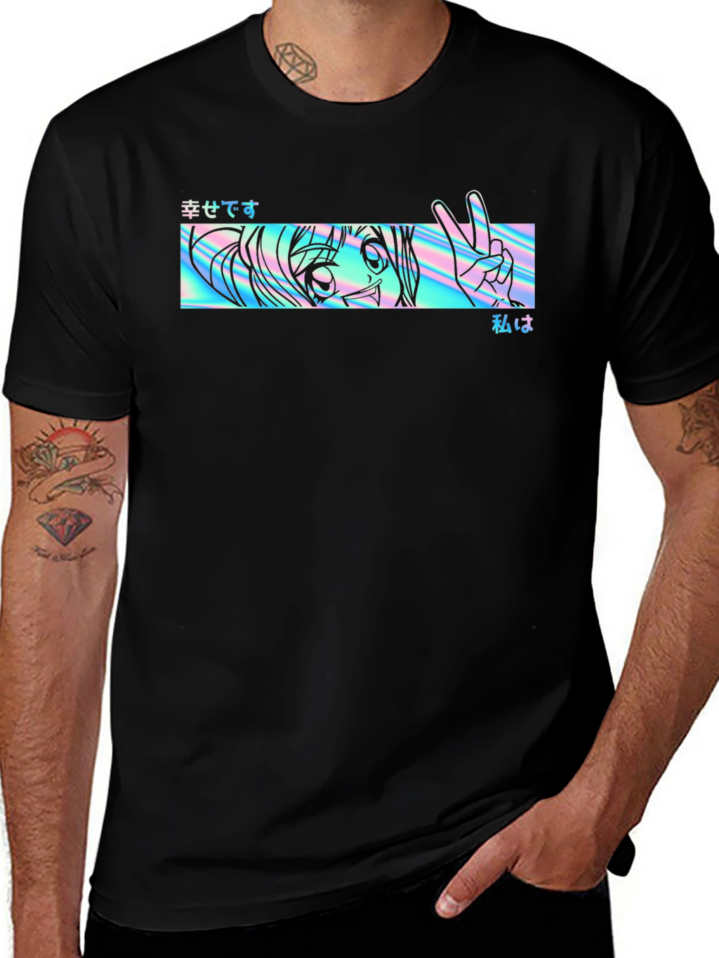 Anime Holographic Graphic Tee - Black