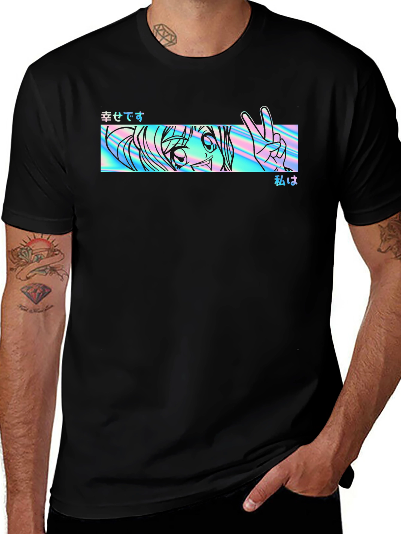 Anime Holographic Graphic Tee - Black
