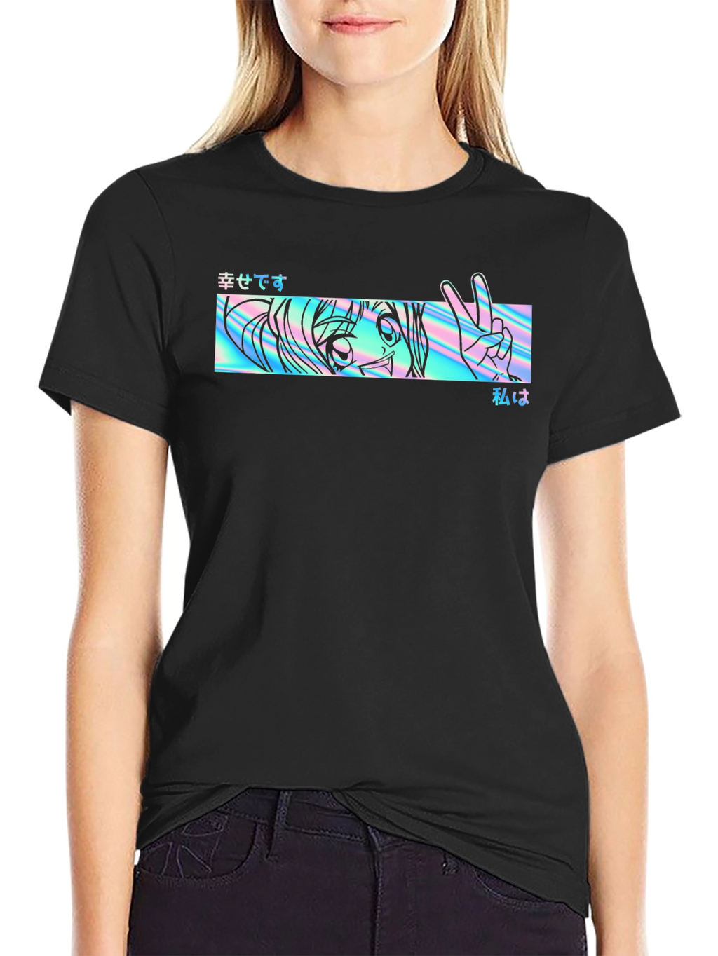 Anime Holographic Graphic Tee - Black