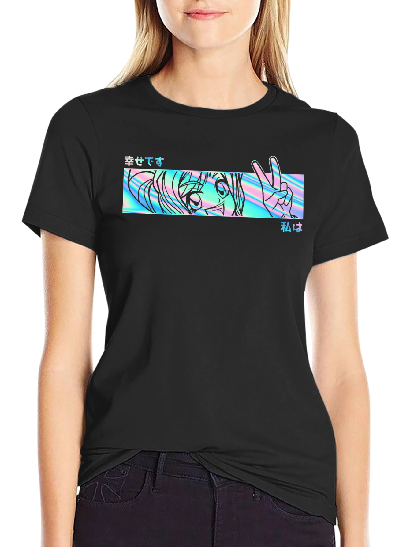 Anime Holographic Graphic Tee - Black