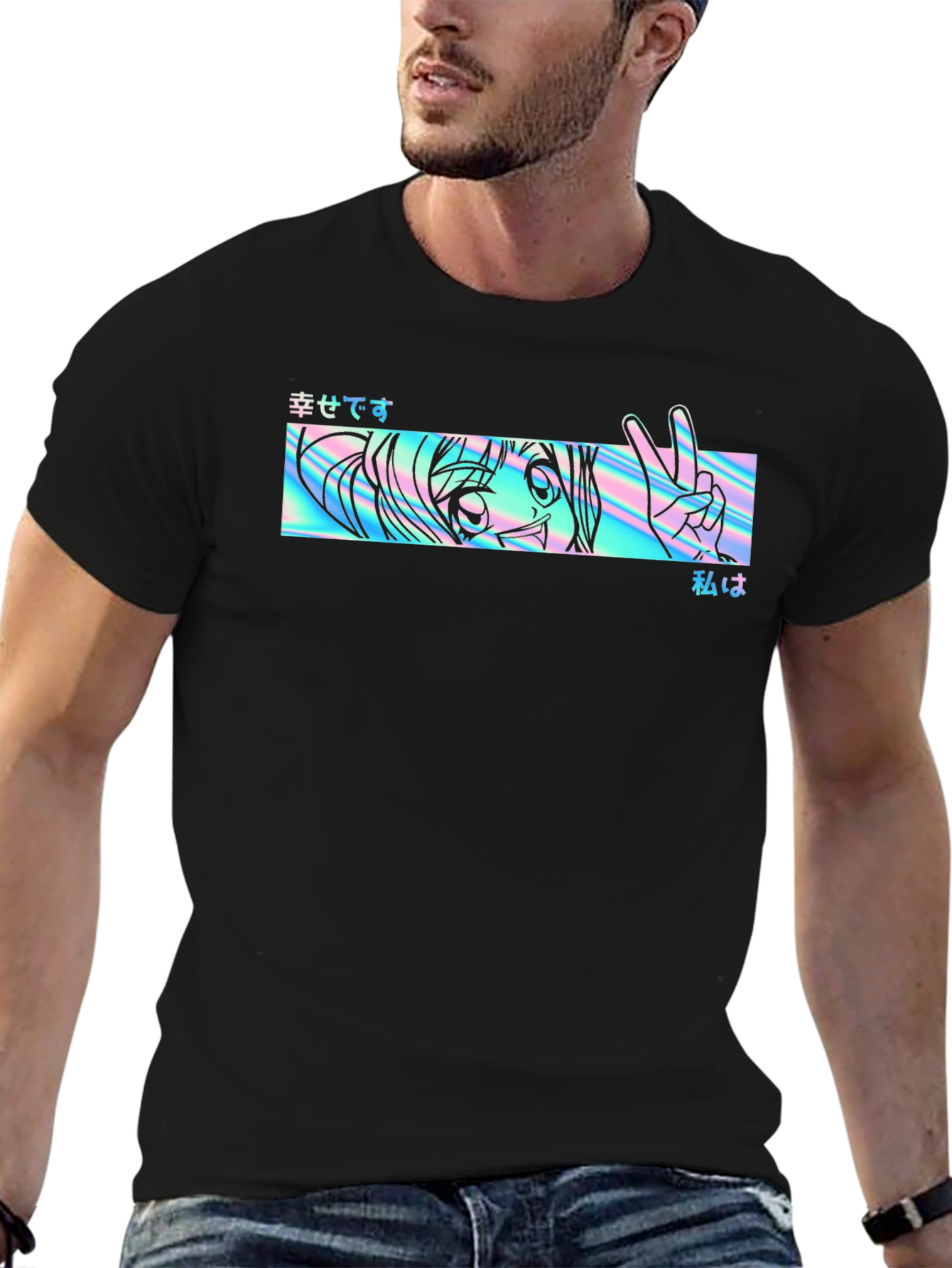 Anime Holographic Graphic Tee - Black