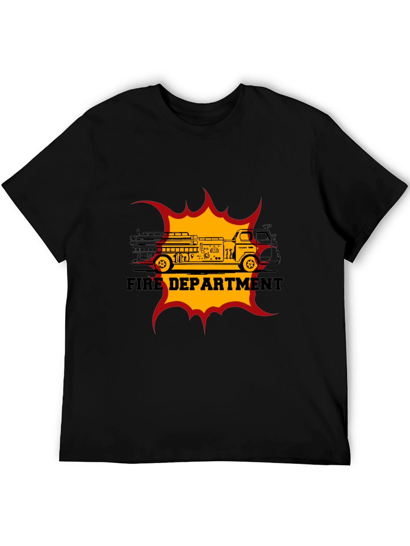 Fire Department Truck Graphic Tee - Black Cotton T-Shirt