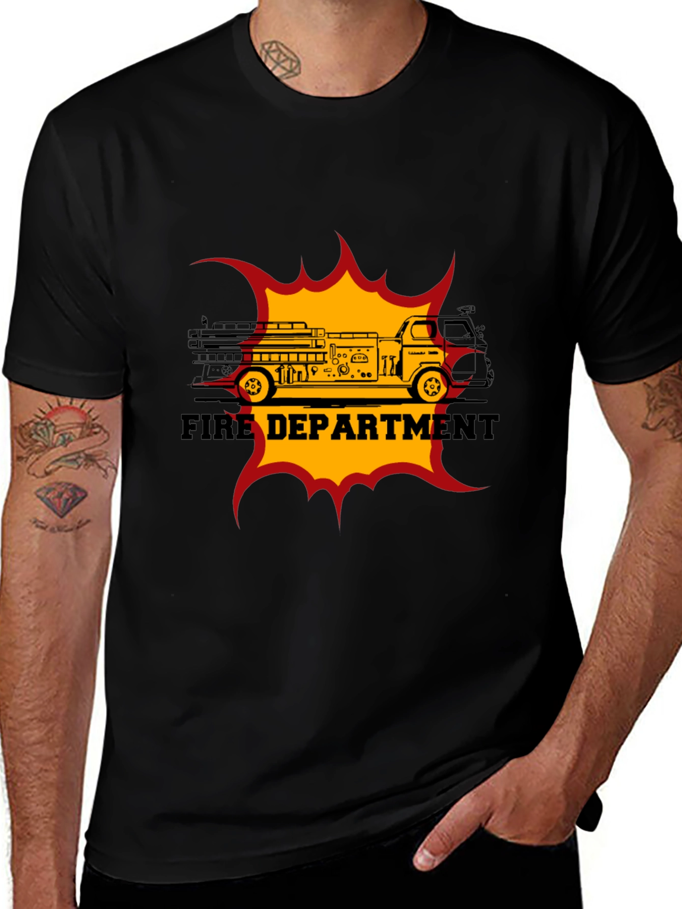 Fire Department Truck Graphic Tee - Black Cotton T-Shirt