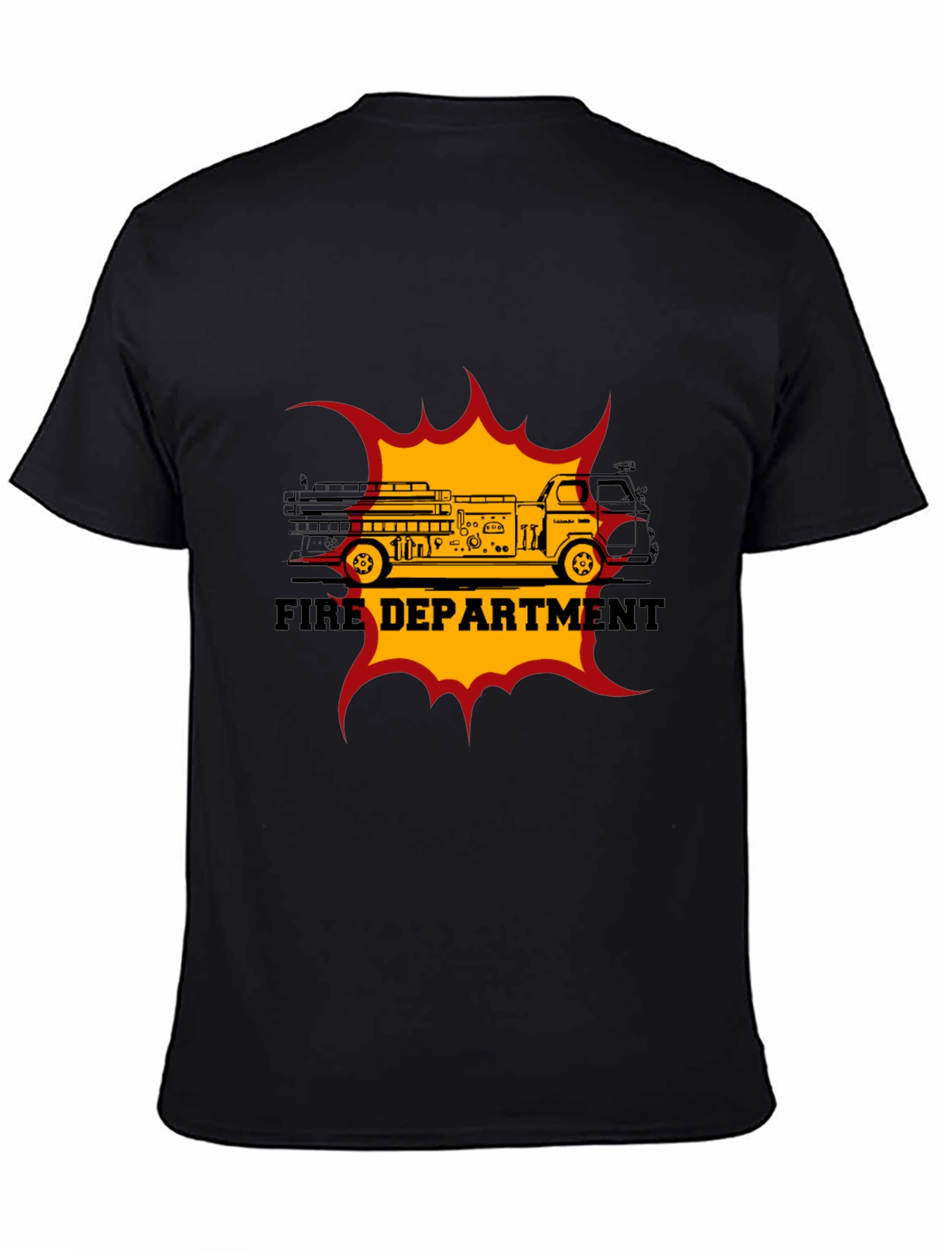 Fire Department Truck Graphic Tee - Black Cotton T-Shirt