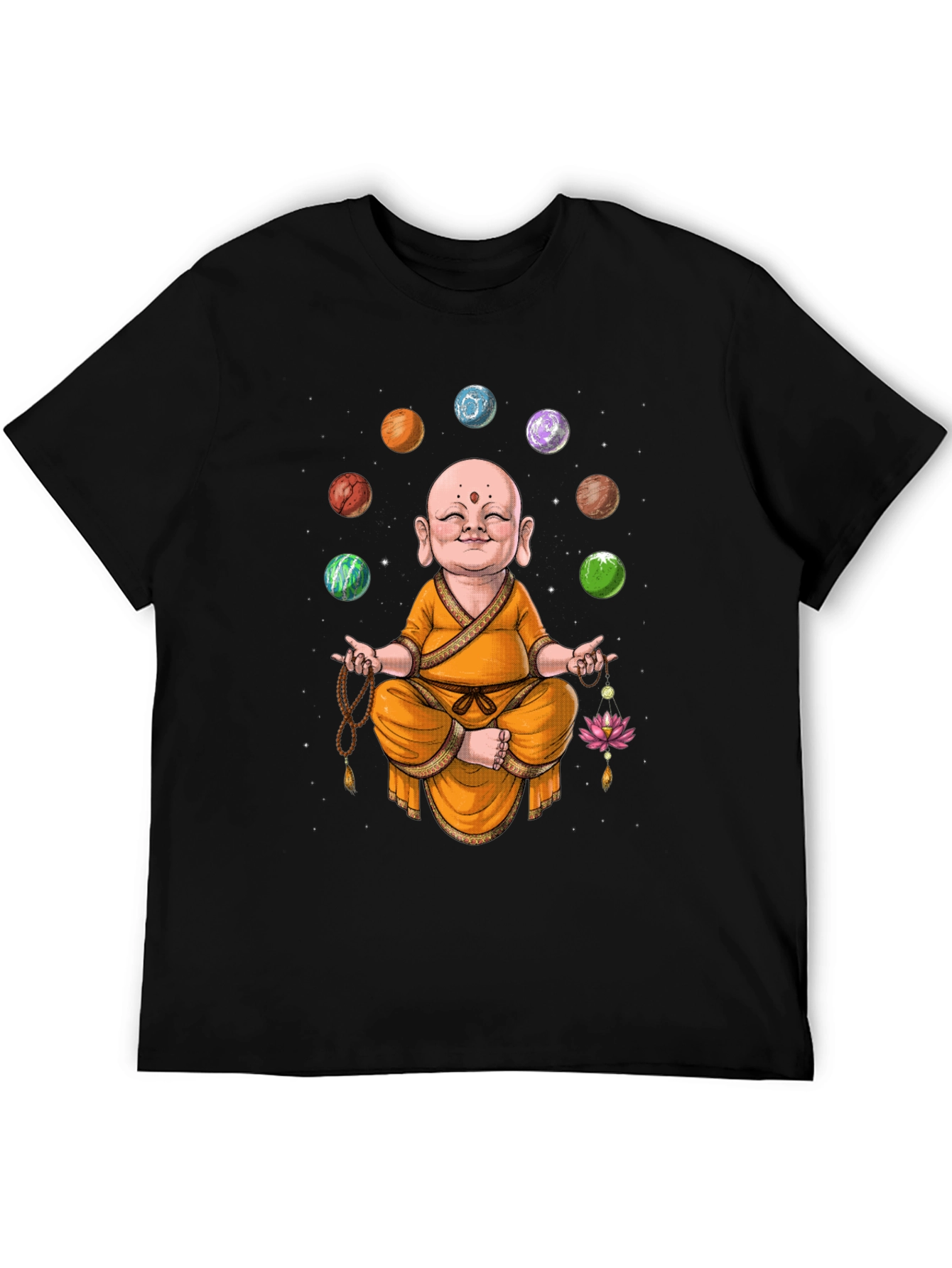 Enlightened Monk T-Shirt - Meditating Buddha with Planets
