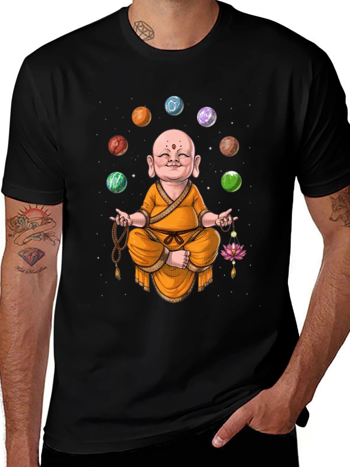 Enlightened Monk T-Shirt - Meditating Buddha with Planets