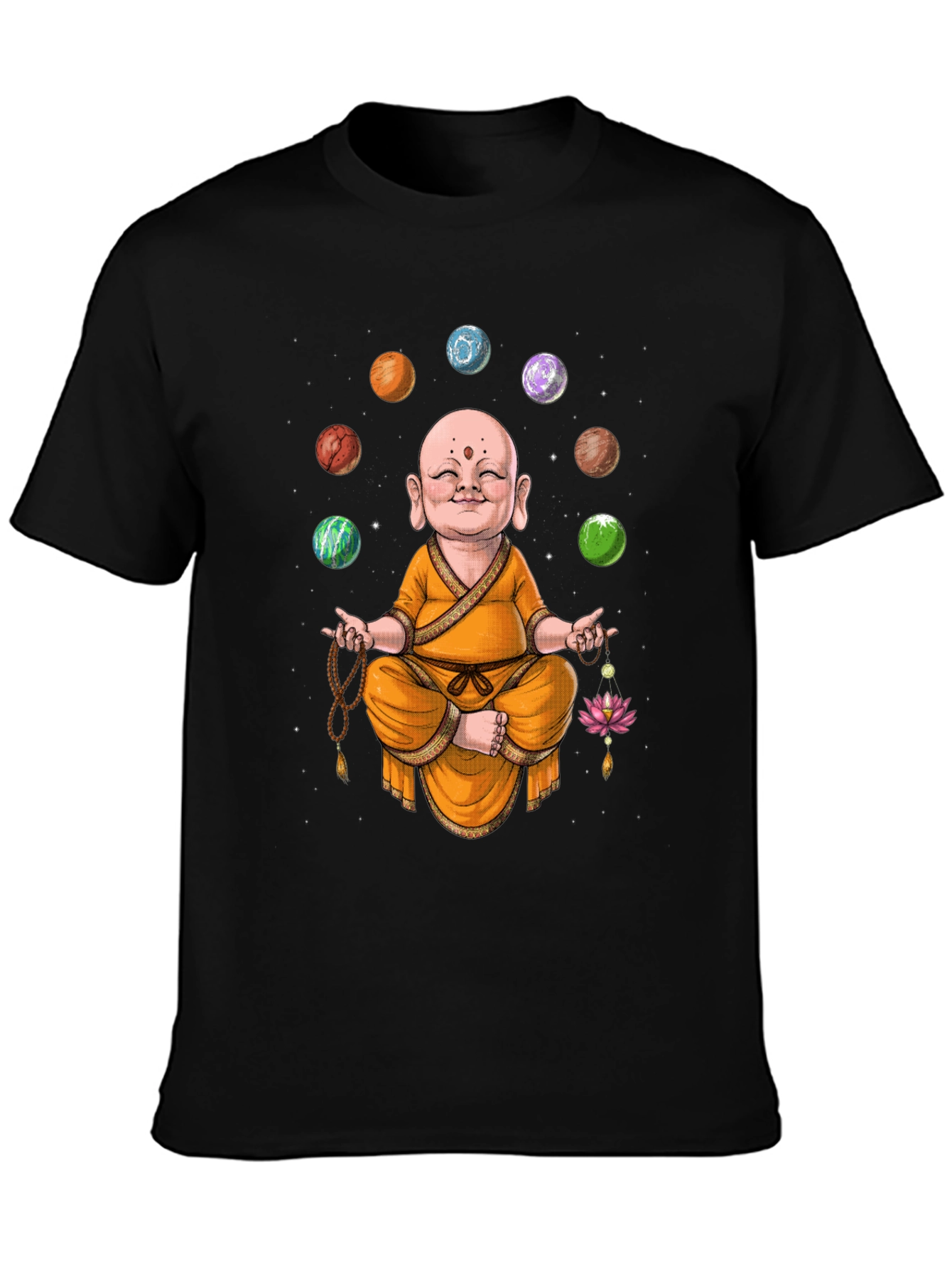 Enlightened Monk T-Shirt - Meditating Buddha with Planets